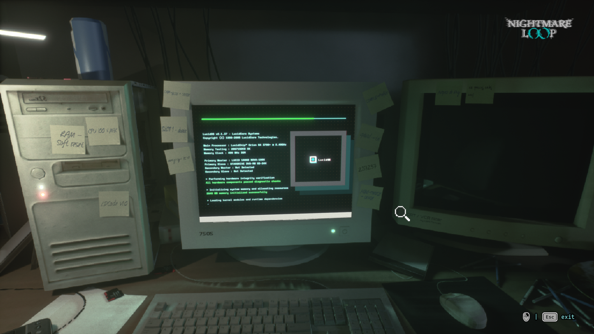 Retro computer desk at night with LucidOS booting on a CRT monitor and sticky notes on the hardware