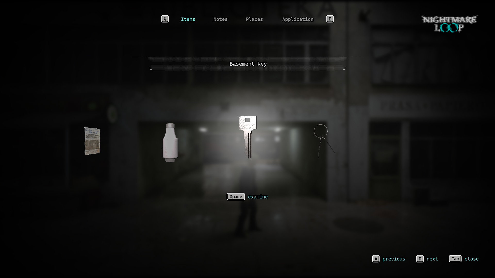 Horizontal inventory menu with item tabs, Basement key selected for examination