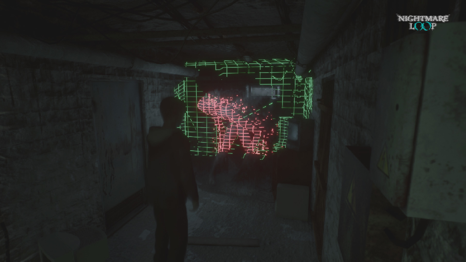 Basement corridor with a presence scanner projecting a green grid and red humanoid silhouette on the wall