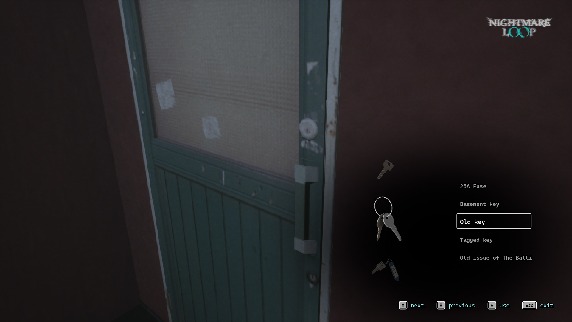 Inventory menu open at a green door with the Old key selected for use