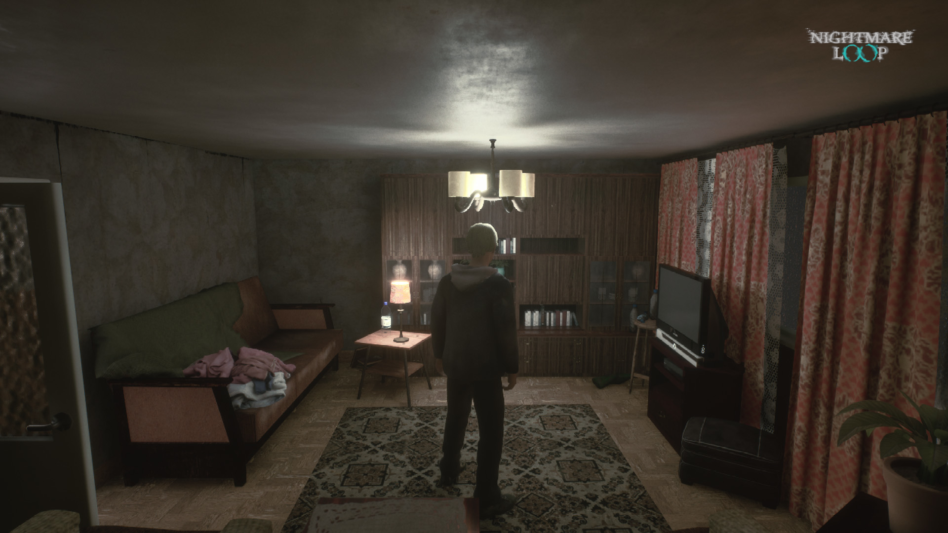 Dim retro living room with a hooded figure standing on a patterned rug