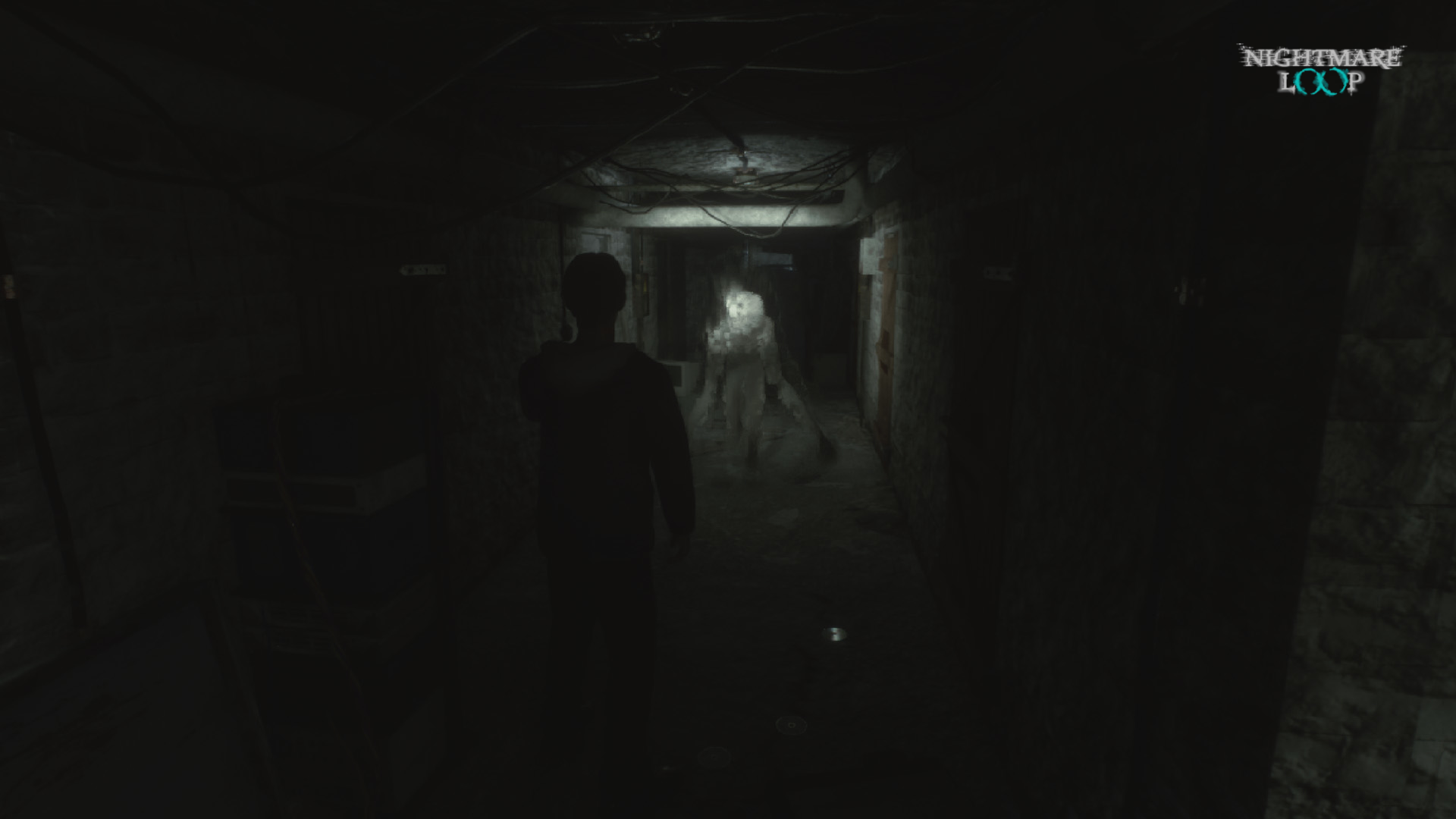 Dark basement corridor with a ghostly white apparition in the distance