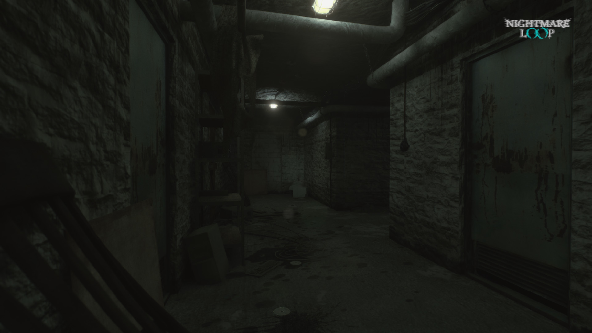Damp basement passage with exposed pipes and bloodstained doors