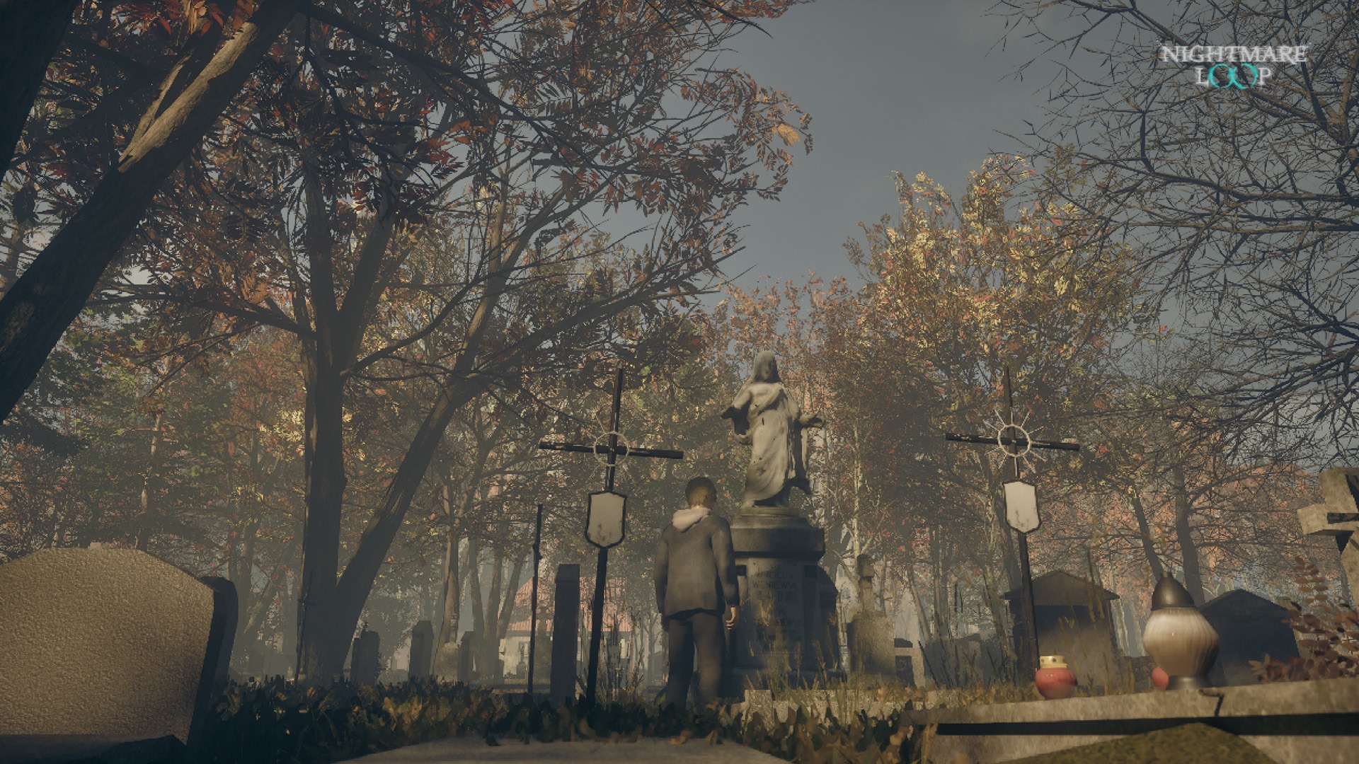 Autumn cemetery in daylight with a figure walking past crosses and a statue
