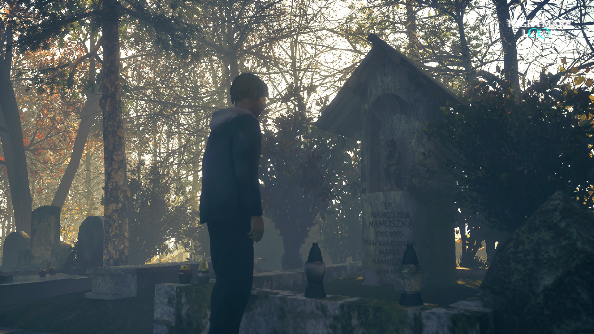 Misty cemetery with a hooded figure approaching a roofed gravestone shrine