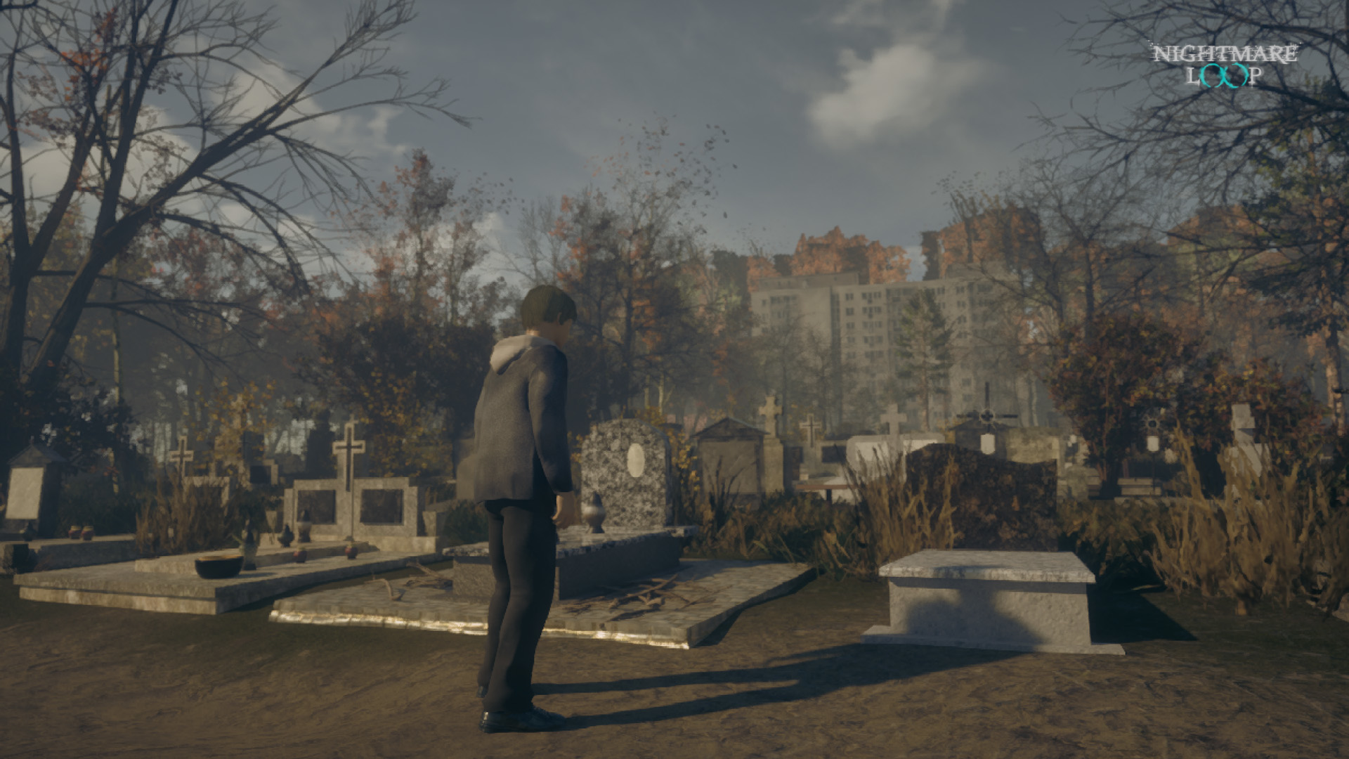 Daylight cemetery with a figure among graves and tower blocks in the distance
