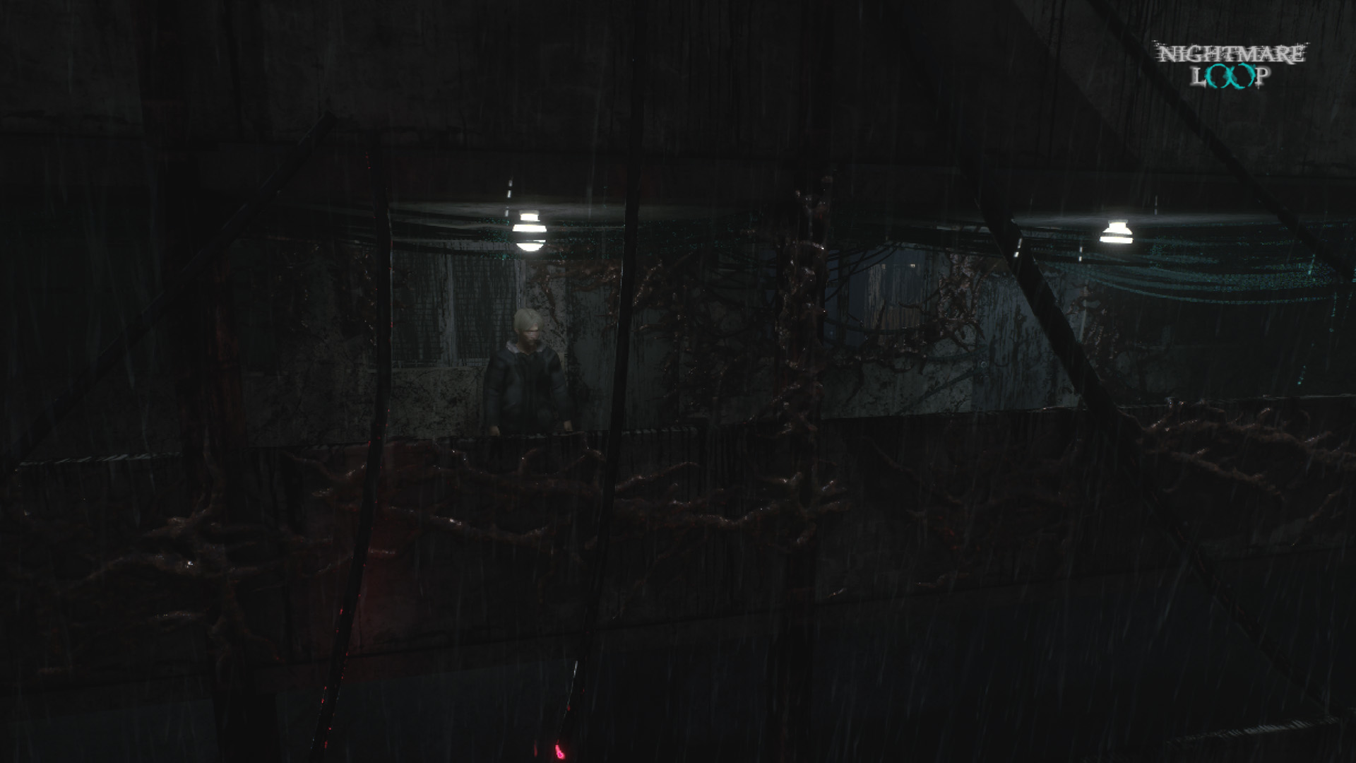 Figure trapped behind dark fleshy vines in a flooded nightmare interior