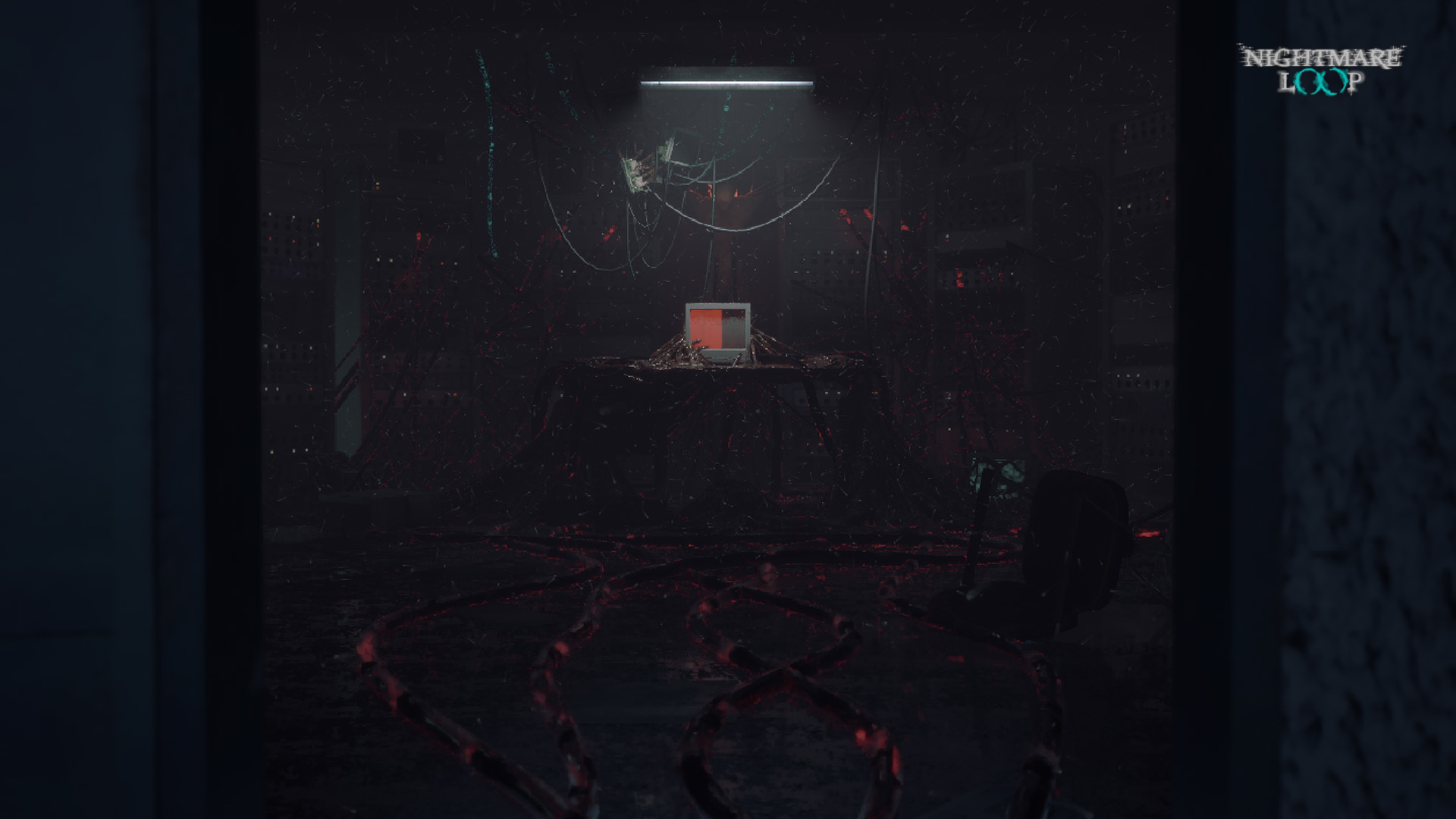 Dark machine room with a looming creature behind a glitching red monitor