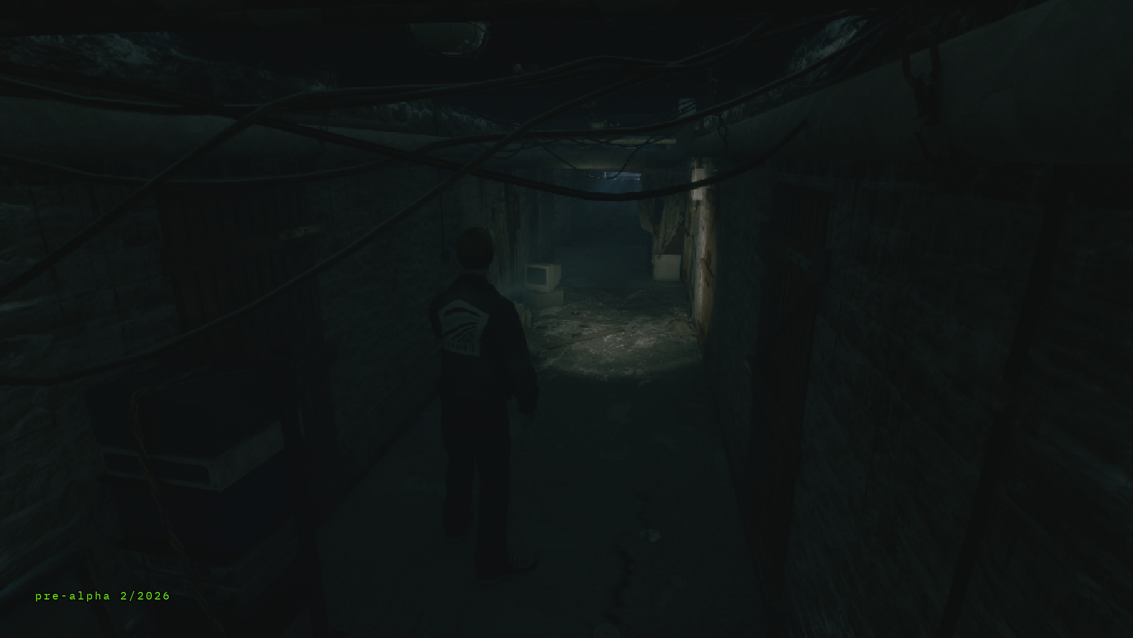 Dark basement corridor with hanging cables