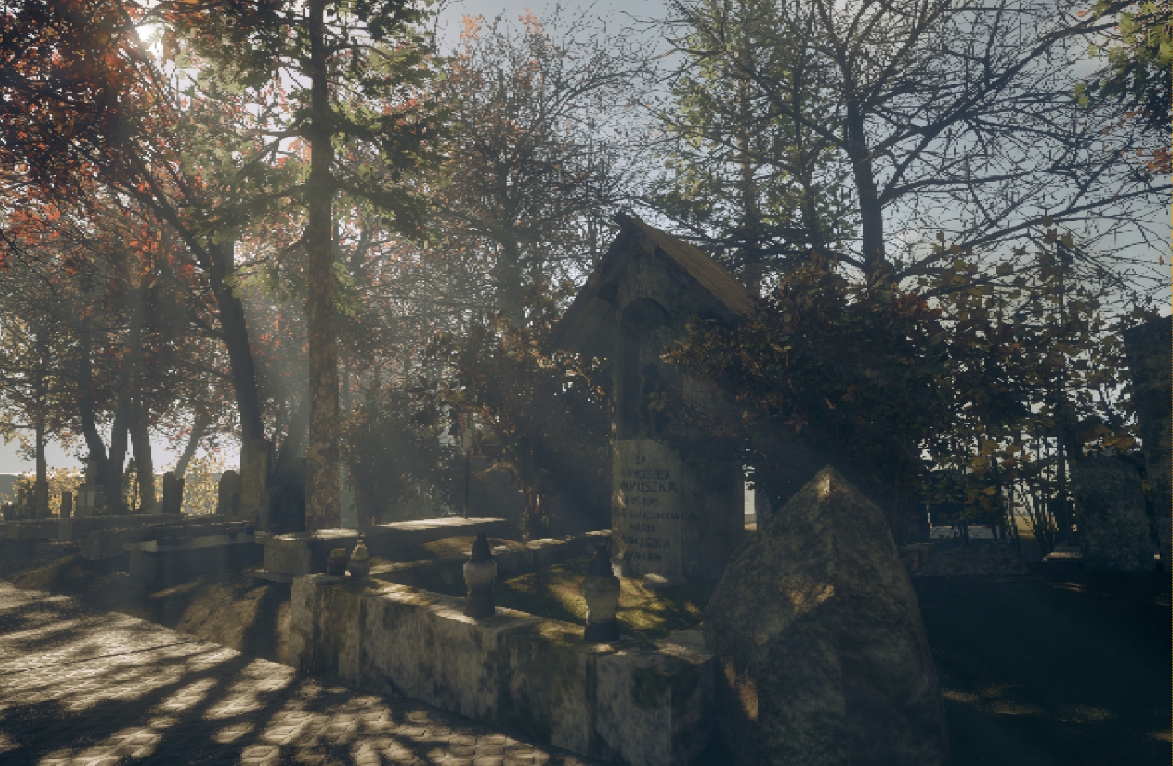 Oliwa Cemetery with sunlight through trees