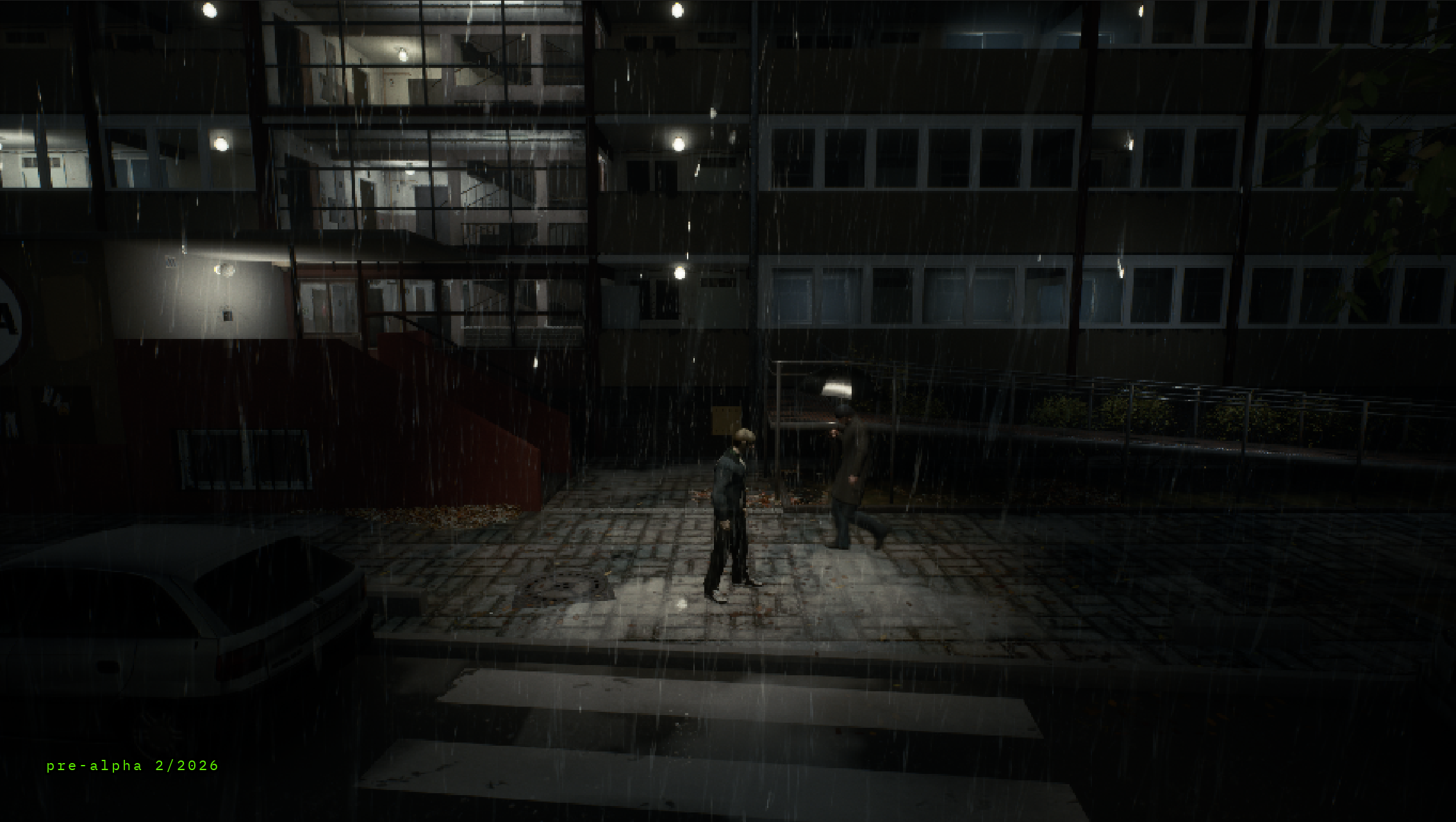 Two figures in rain outside falowiec