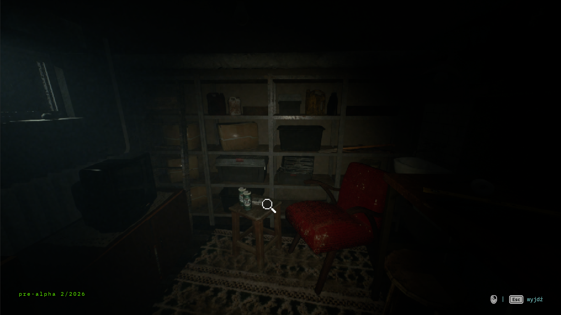 Dark room with shelves and red armchair